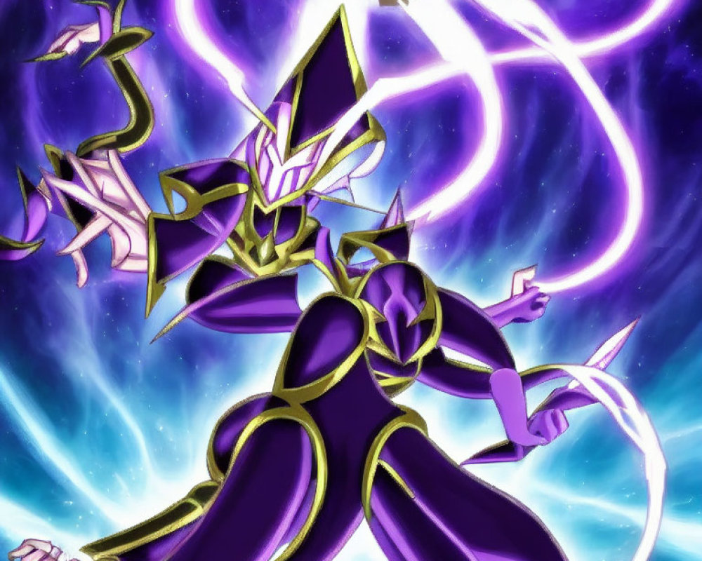 Purple Armored Character in Action Pose with Glowing Accents and Magical Loop