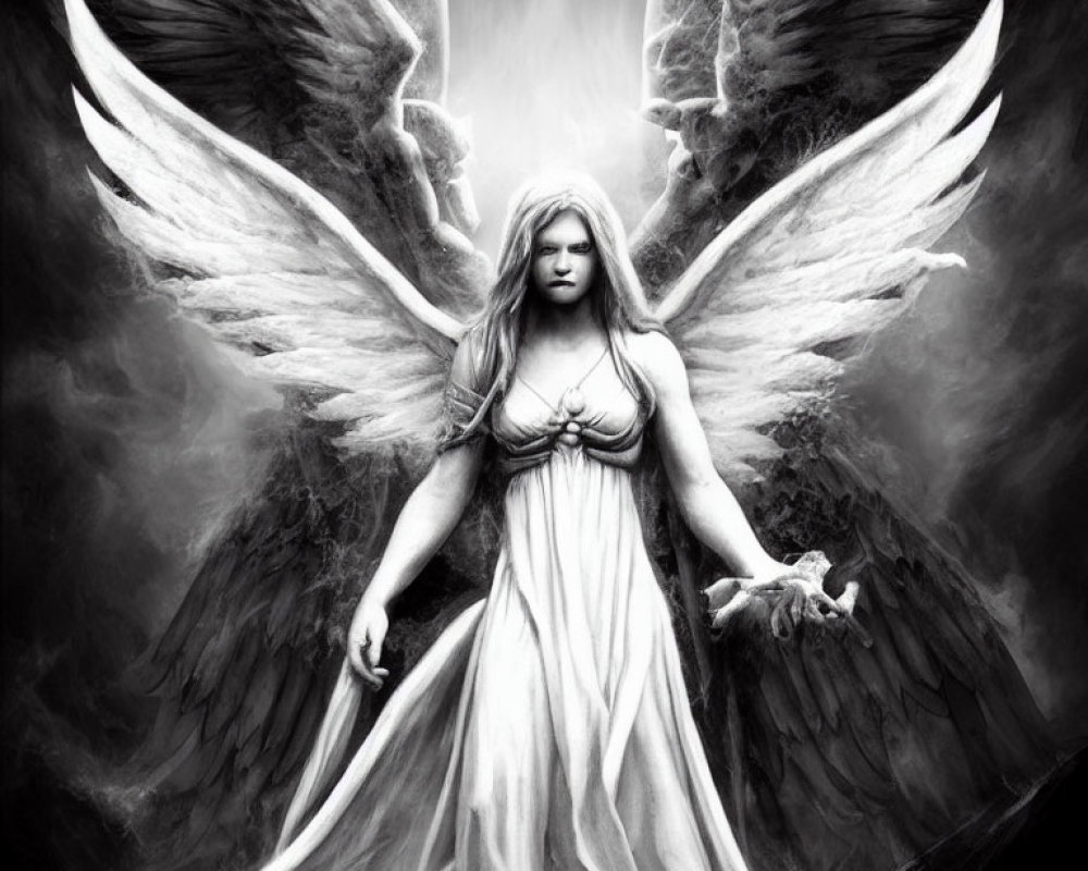 Monochromatic artwork of angelic figure with widespread wings and flowing gown