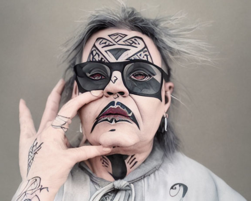 Person with black and white face paint and tattoos displaying matching patterns on hand and face.