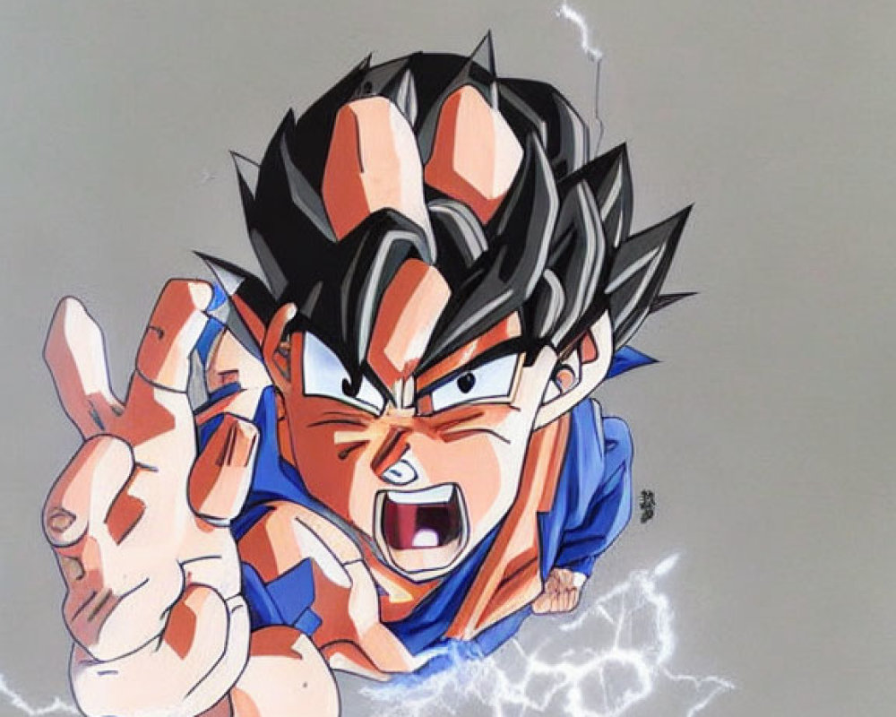 Animated character with spiky black hair in orange and blue outfit, emitting white and blue energy.