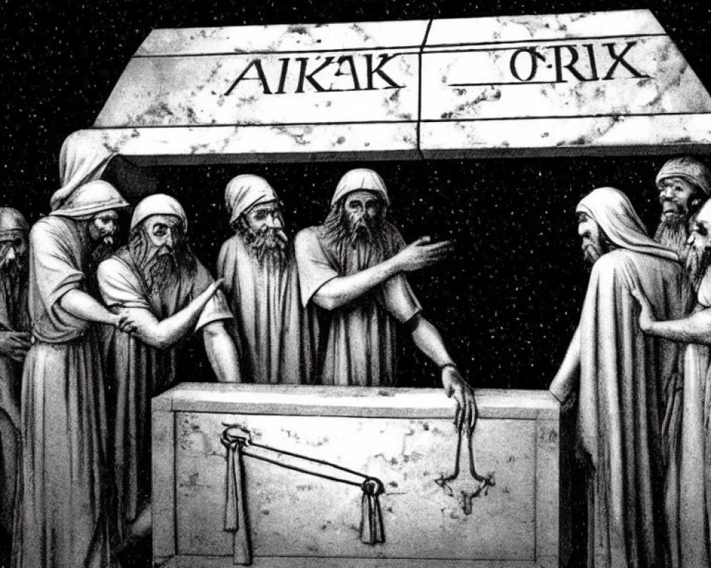 Ancient Greek philosophers in robes around geometric diagram with inscription.