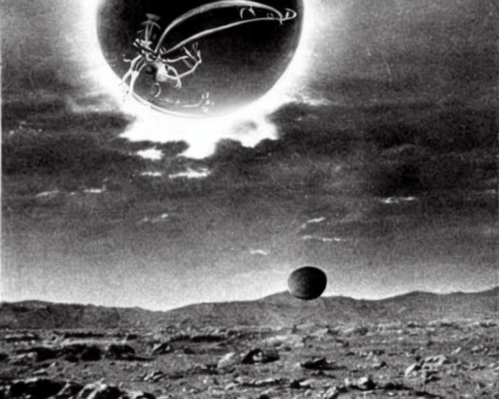 Vintage black-and-white alien landscape with moon, celestial body, and spacecraft orbiting.