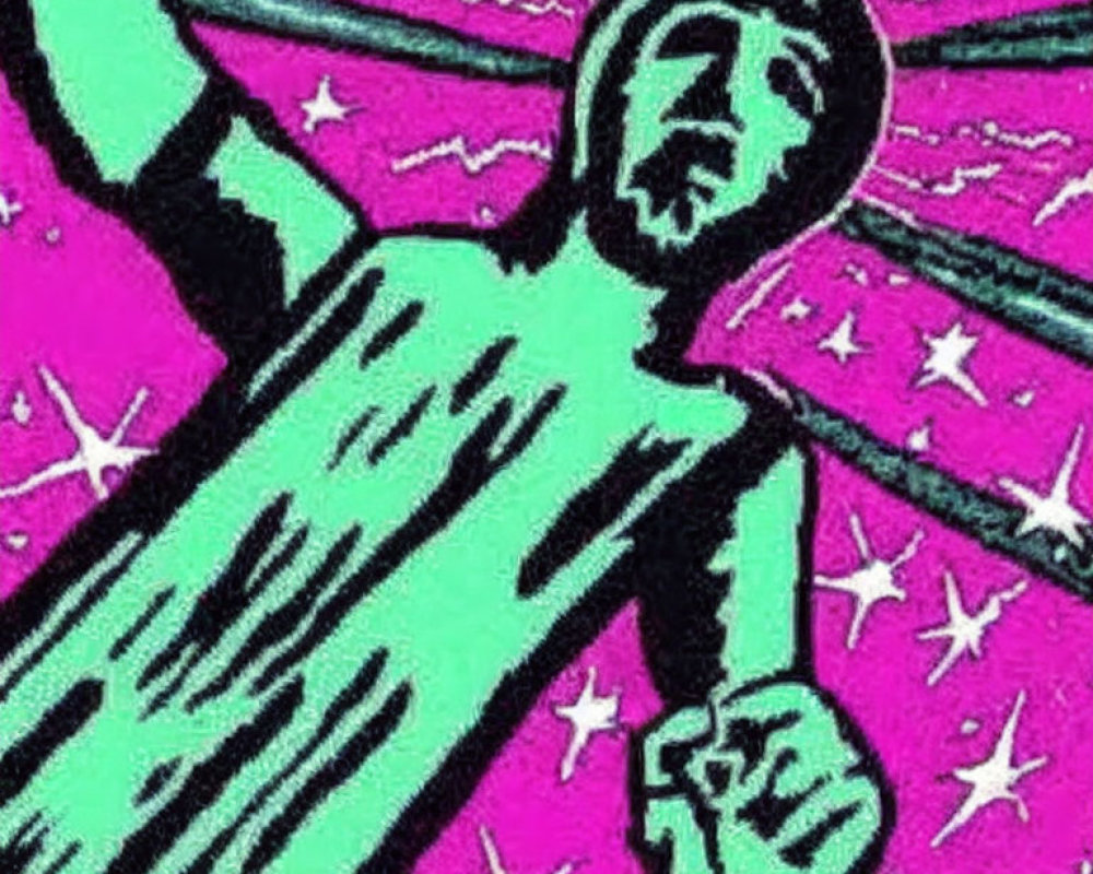 Stylized person with outstretched arms in vibrant pink and green against starry background