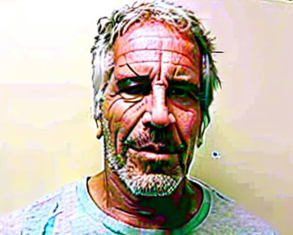 Grey-haired man with distressed expression and exaggerated facial lines wearing a green collar.