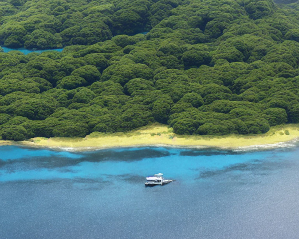 Boat floating on calm blue waters near golden shoreline and lush green hills