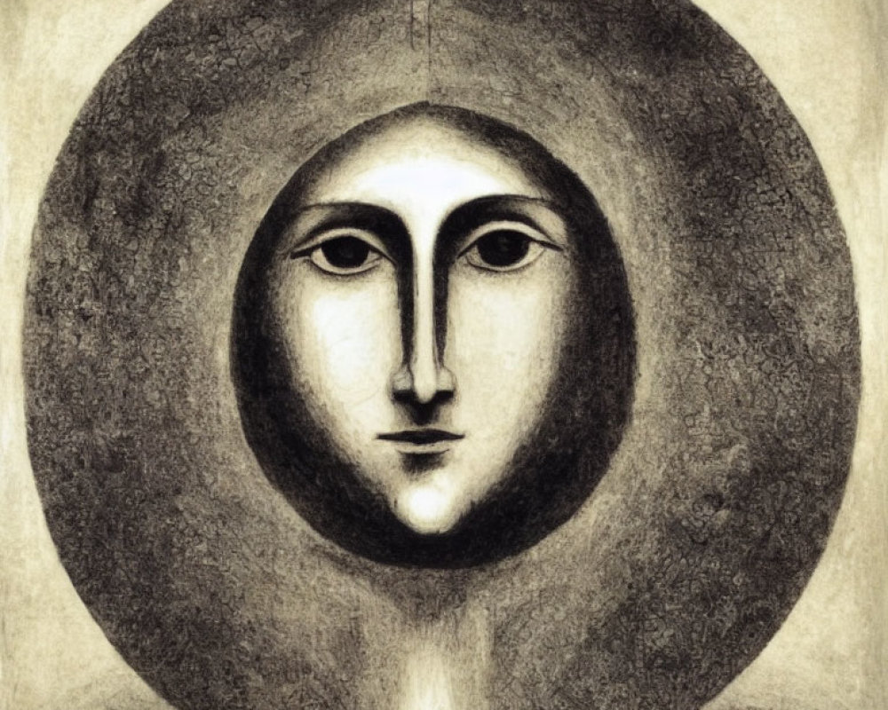 Stylized face with expressionless gaze encircled by textured halo