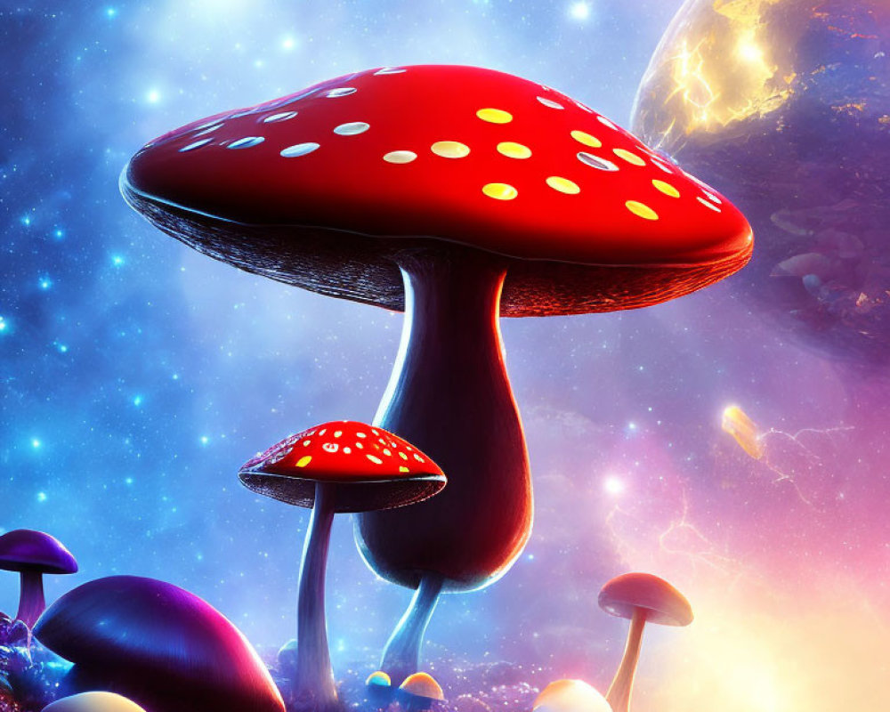 Colorful fantasy mushrooms in cosmic setting with stars and planet