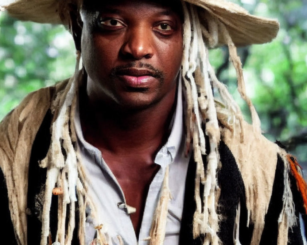 Man in straw hat and dreadlocks, white shirt, black vest with fringe, staring at camera
