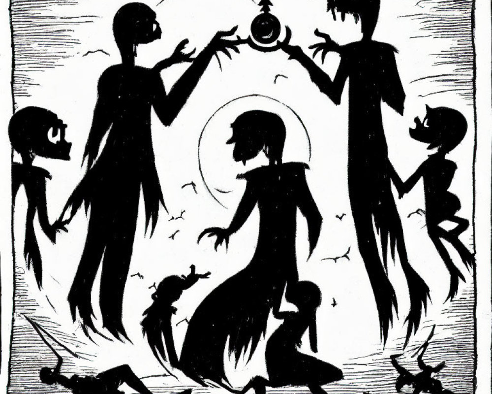 Mystical ritual with silhouetted figures and glowing orb