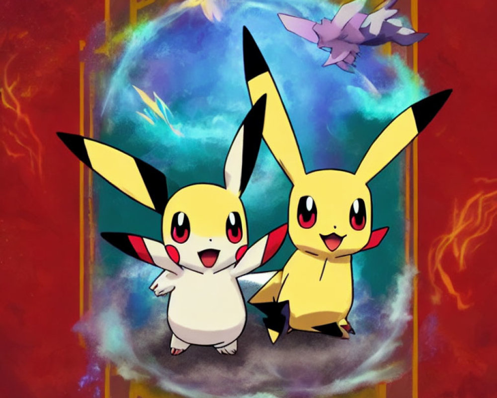 Female Pikachu with Heart-Shaped Tail in Colorful Swirling Background