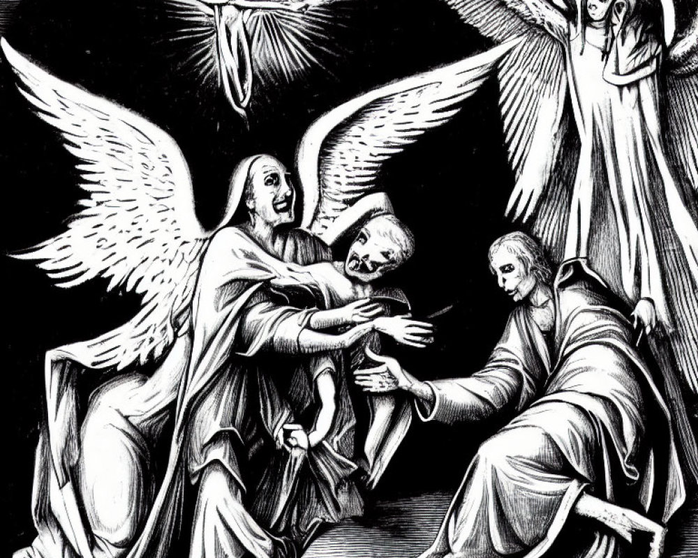 Monochrome illustration of three angels with outstretched wings and a descending spirit