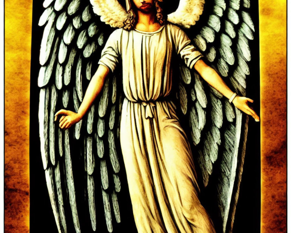 Illustration of angel with large wings and white robe