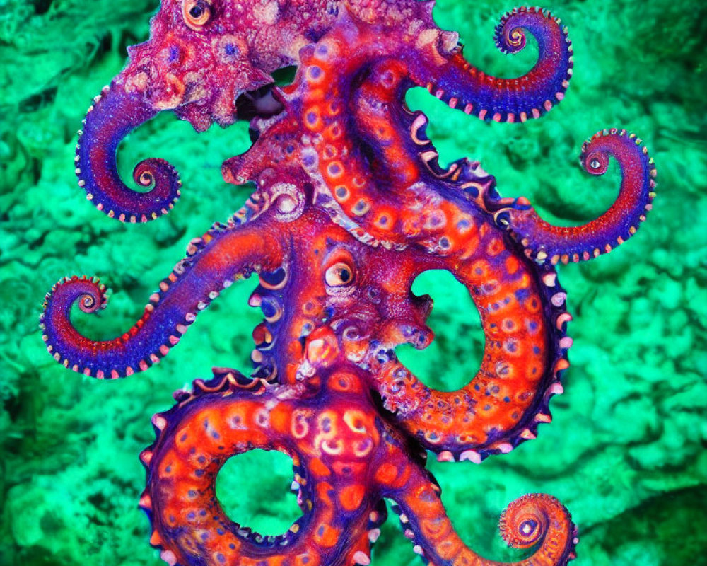 Colorful Octopus with Reddish-Purple Skin on Green Marine Surface