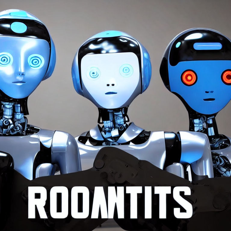 Futuristic robots with human-like faces and illuminated blue eyes.