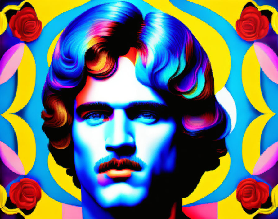 Colorful Psychedelic Portrait of Man with Wavy Hair on Vibrant Background