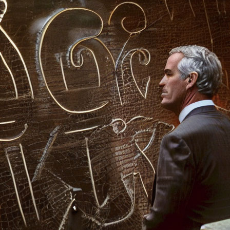 Man in suit gazes at intricate symbols on reflective surface