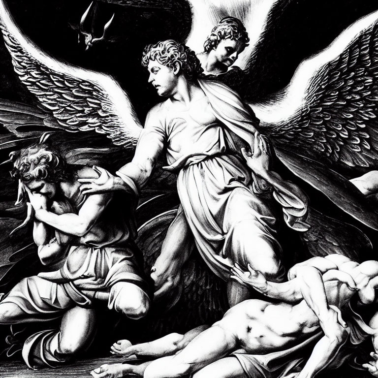 Monochromatic artwork of three angels with dramatic wings and expressive poses