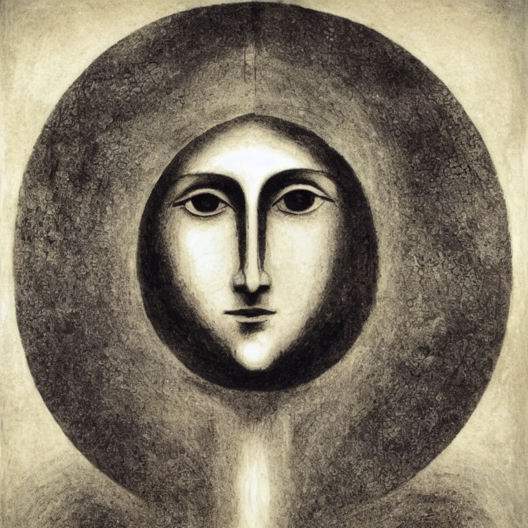 Stylized face with expressionless gaze encircled by textured halo