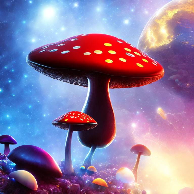 Colorful fantasy mushrooms in cosmic setting with stars and planet