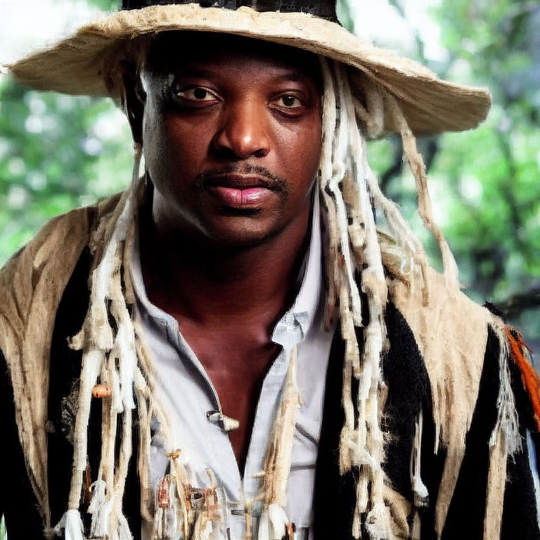 Man in straw hat and dreadlocks, white shirt, black vest with fringe, staring at camera