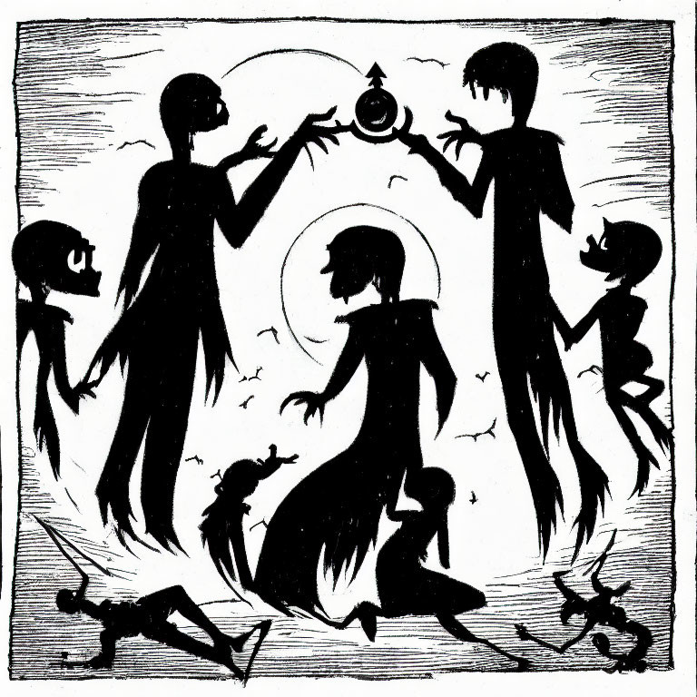 Mystical ritual with silhouetted figures and glowing orb