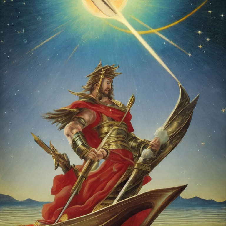 Golden-armored warrior on boat under starry sky with sword and shield