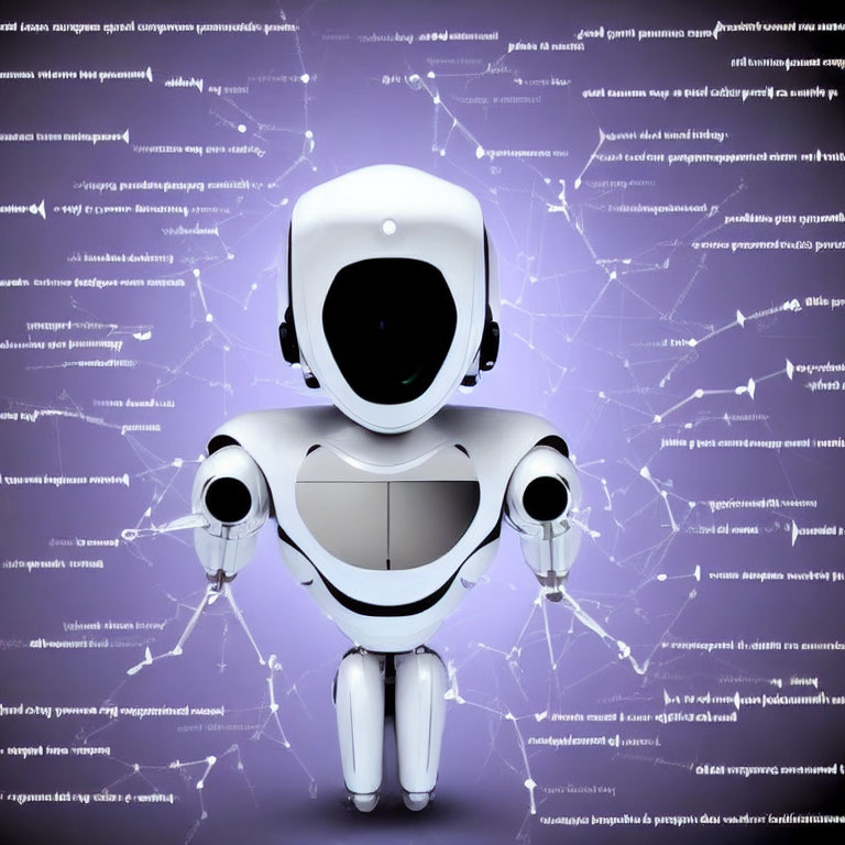 White humanoid robot with black visor and illuminated chest in digital code background