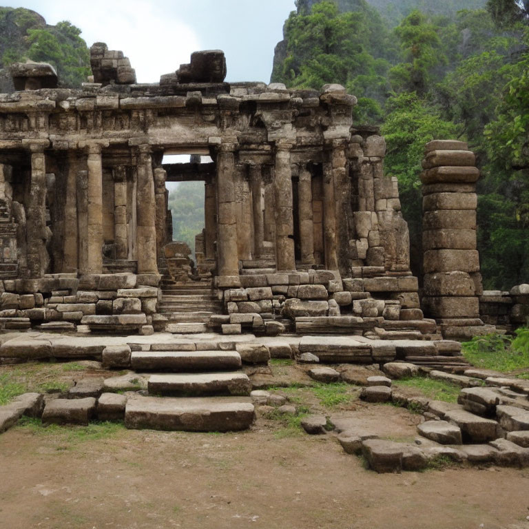 Lush greenery surrounds ancient stone temple ruins