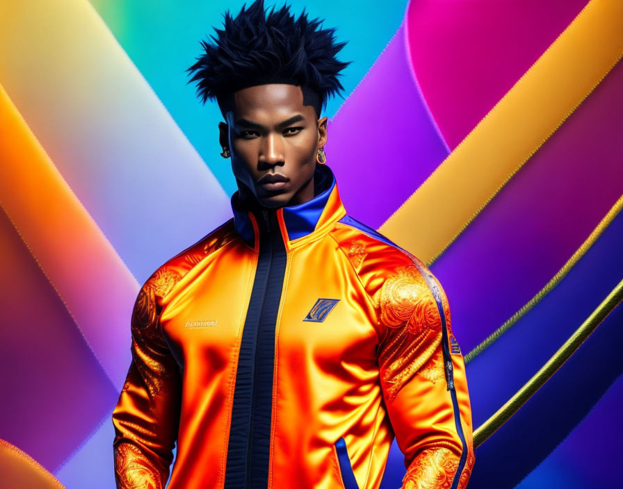 Edgy Hairstyle and Bold Jacket Against Colorful Abstract Background