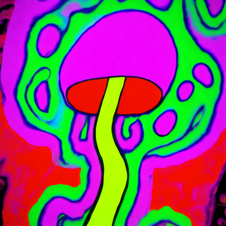 Colorful Psychedelic Mushroom Illustration on Swirling Background