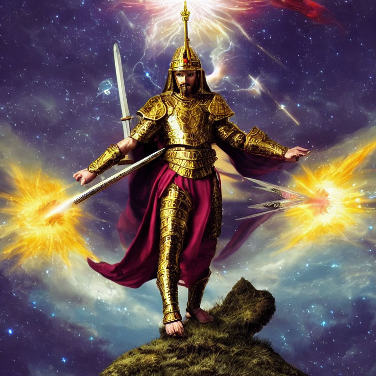 Majestic warrior in golden armor with swords in cosmic scene
