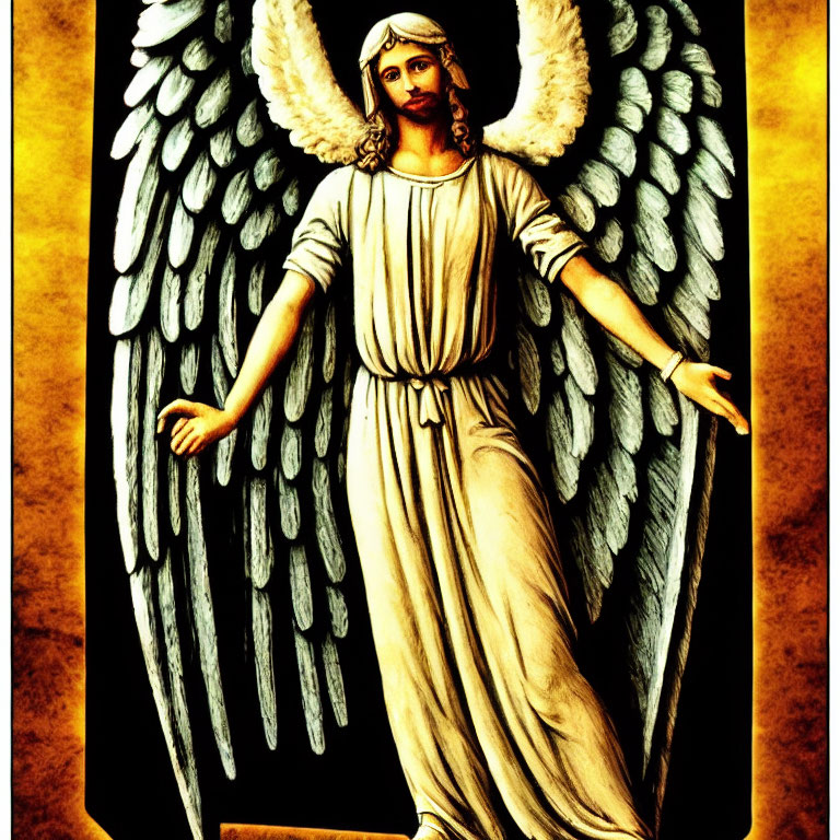 Illustration of angel with large wings and white robe