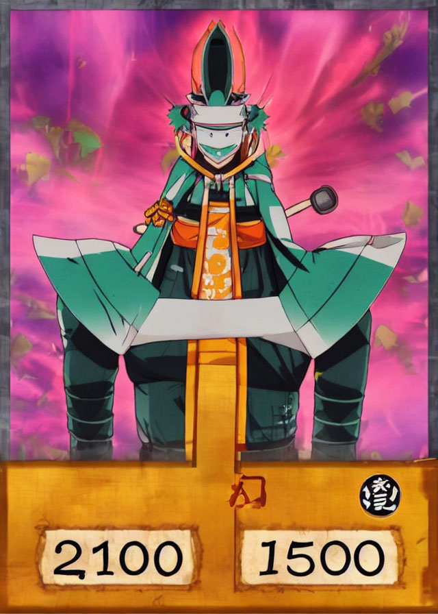 Green-armored samurai with hammer on floral background, numbers 2100 and 1500.