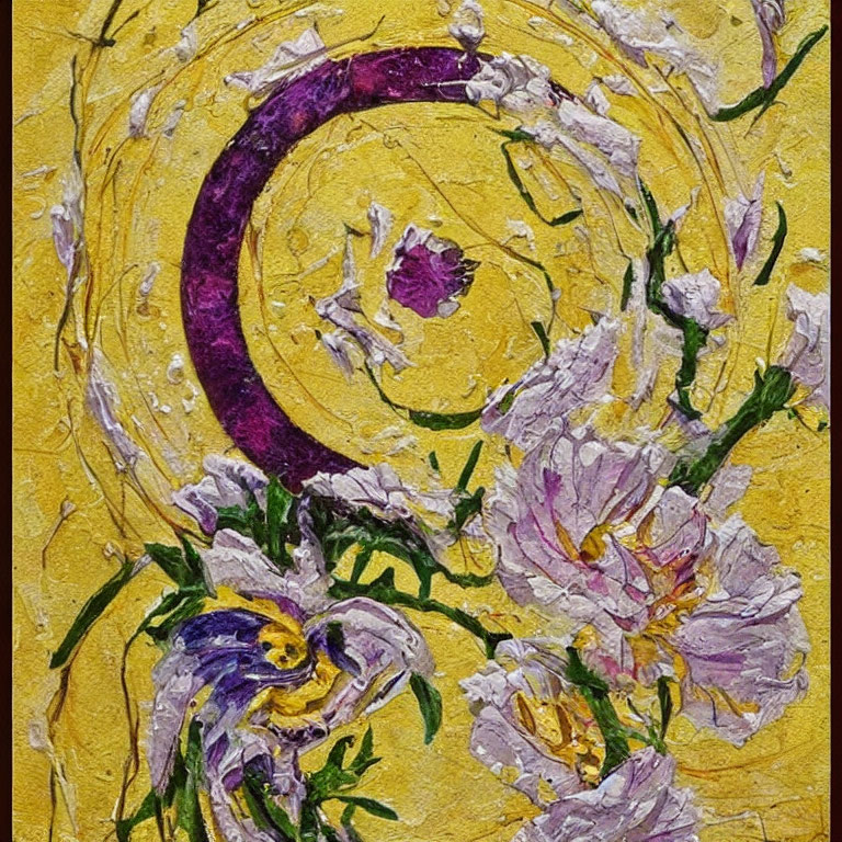 Purple and White Flowers on Vibrant Yellow Background with Swirl