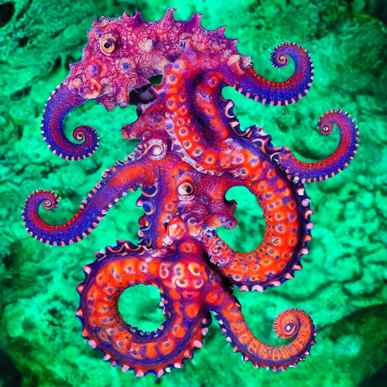 Colorful Octopus with Reddish-Purple Skin on Green Marine Surface