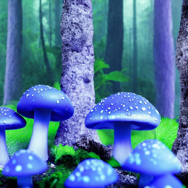 Vibrant blue mushrooms with white spots in misty forest scene