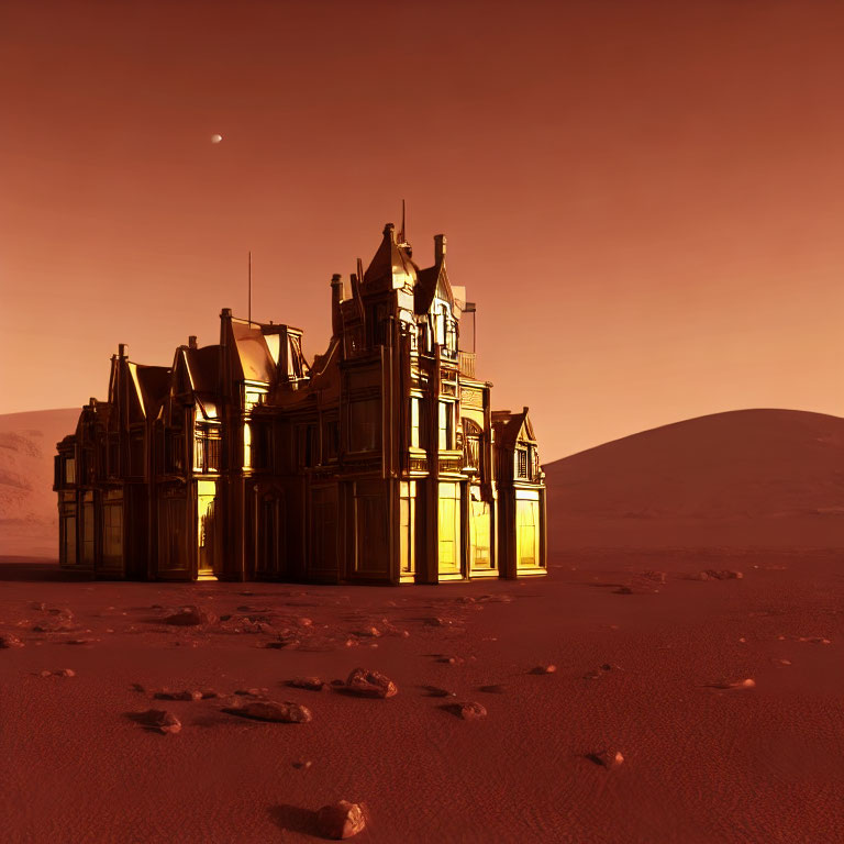 Victorian mansion on barren Martian landscape with small moon in sky