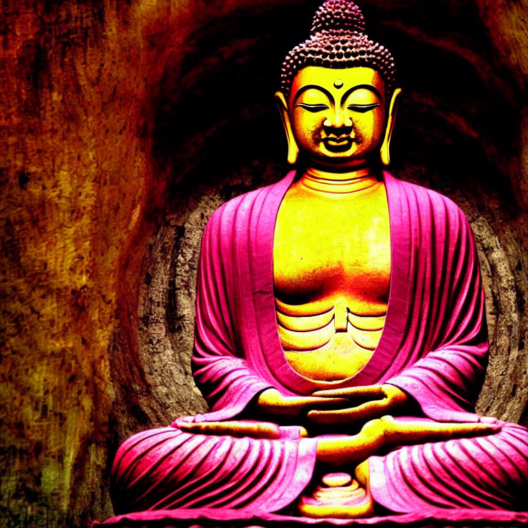 Golden-faced Buddha statue in pink robes against dark background