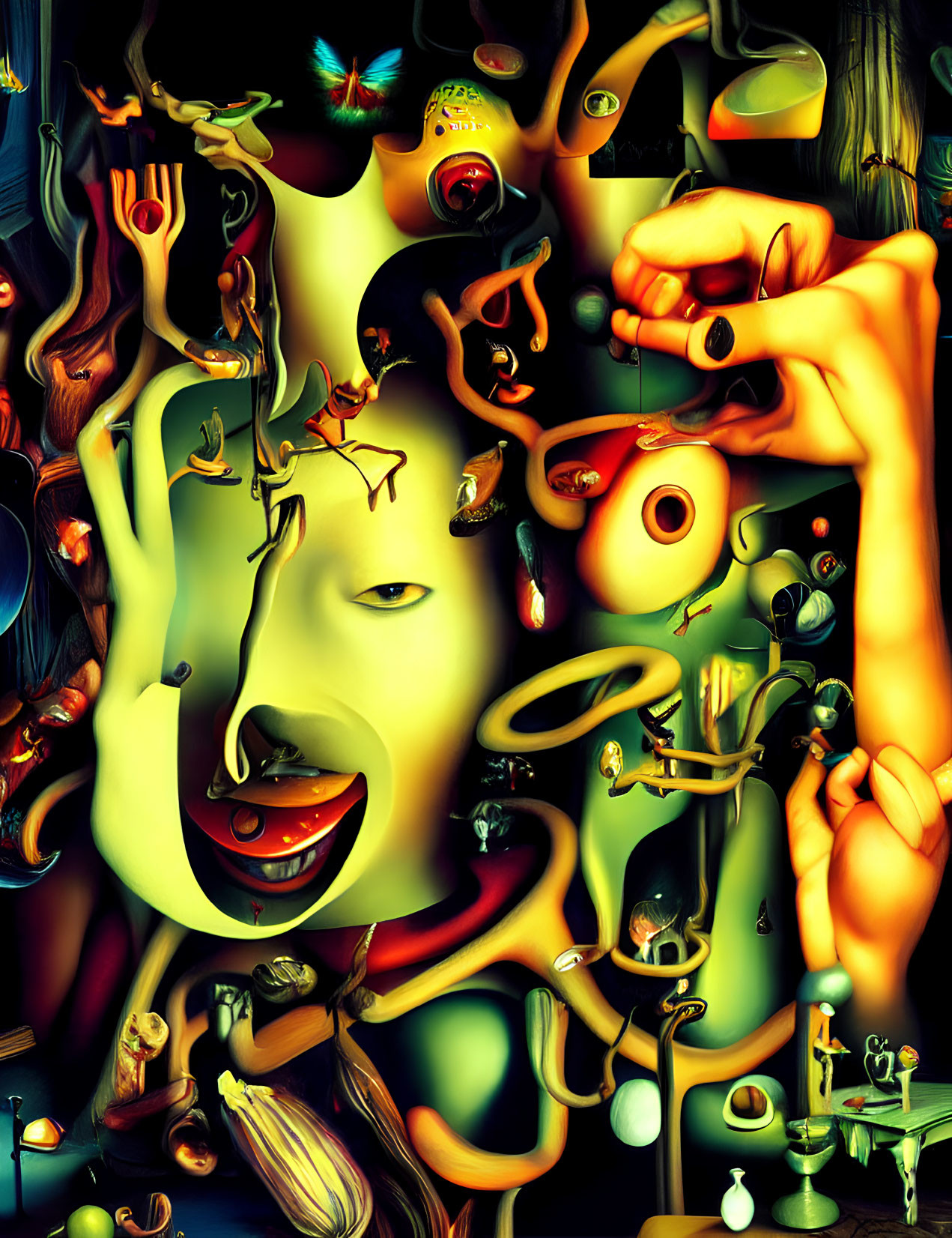 Abstract surreal artwork: distorted faces and body parts mingled with objects
