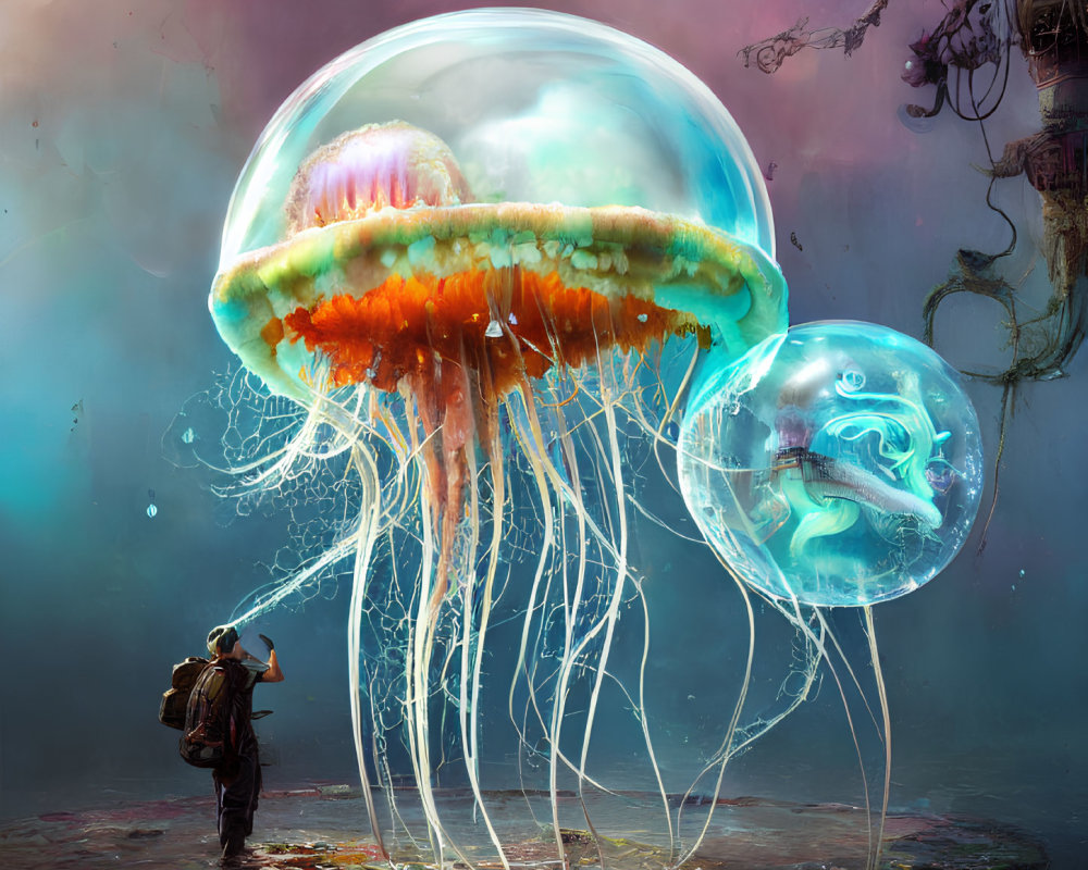 Person gazes at giant jellyfish in ethereal, pastel-hued fantasy scene