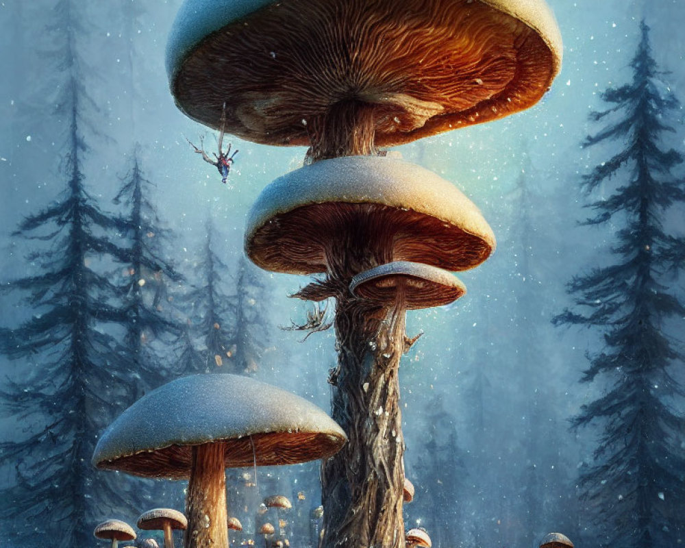 Whimsical forest scene with oversized mushrooms, tiny figure, and falling snow