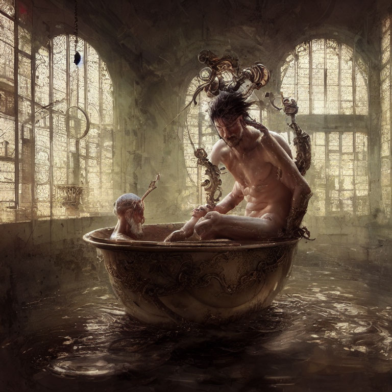 Man in vintage bathtub with intricate designs, small humanoid figure in dimly lit abandoned room