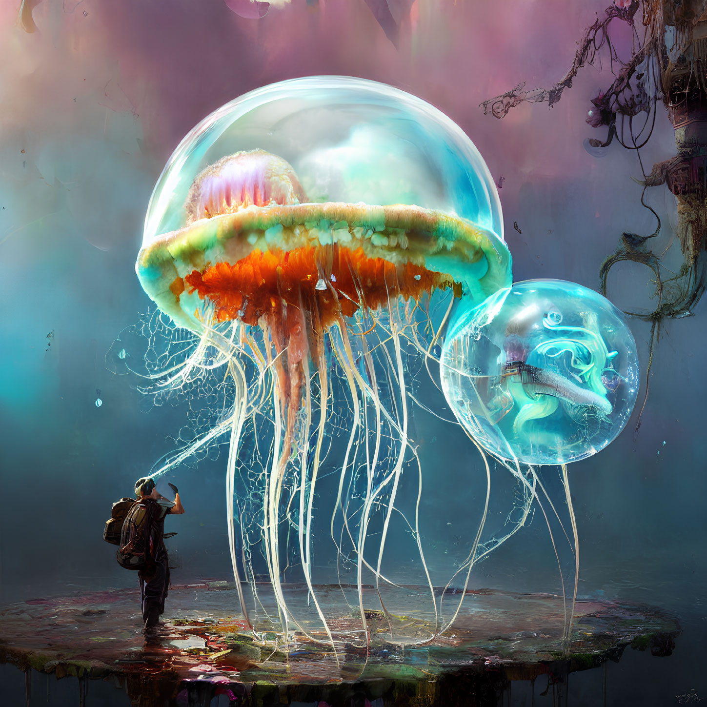 Person gazes at giant jellyfish in ethereal, pastel-hued fantasy scene