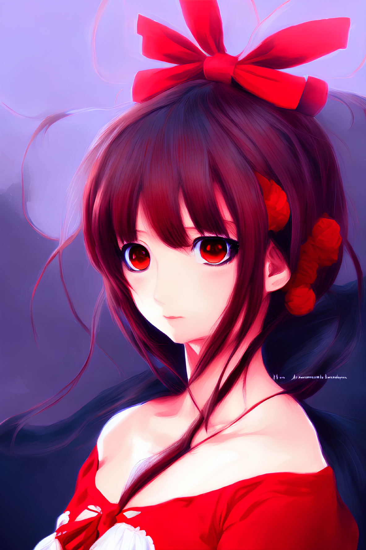 Anime girl with large red eyes and brown hair in red outfit on purple background