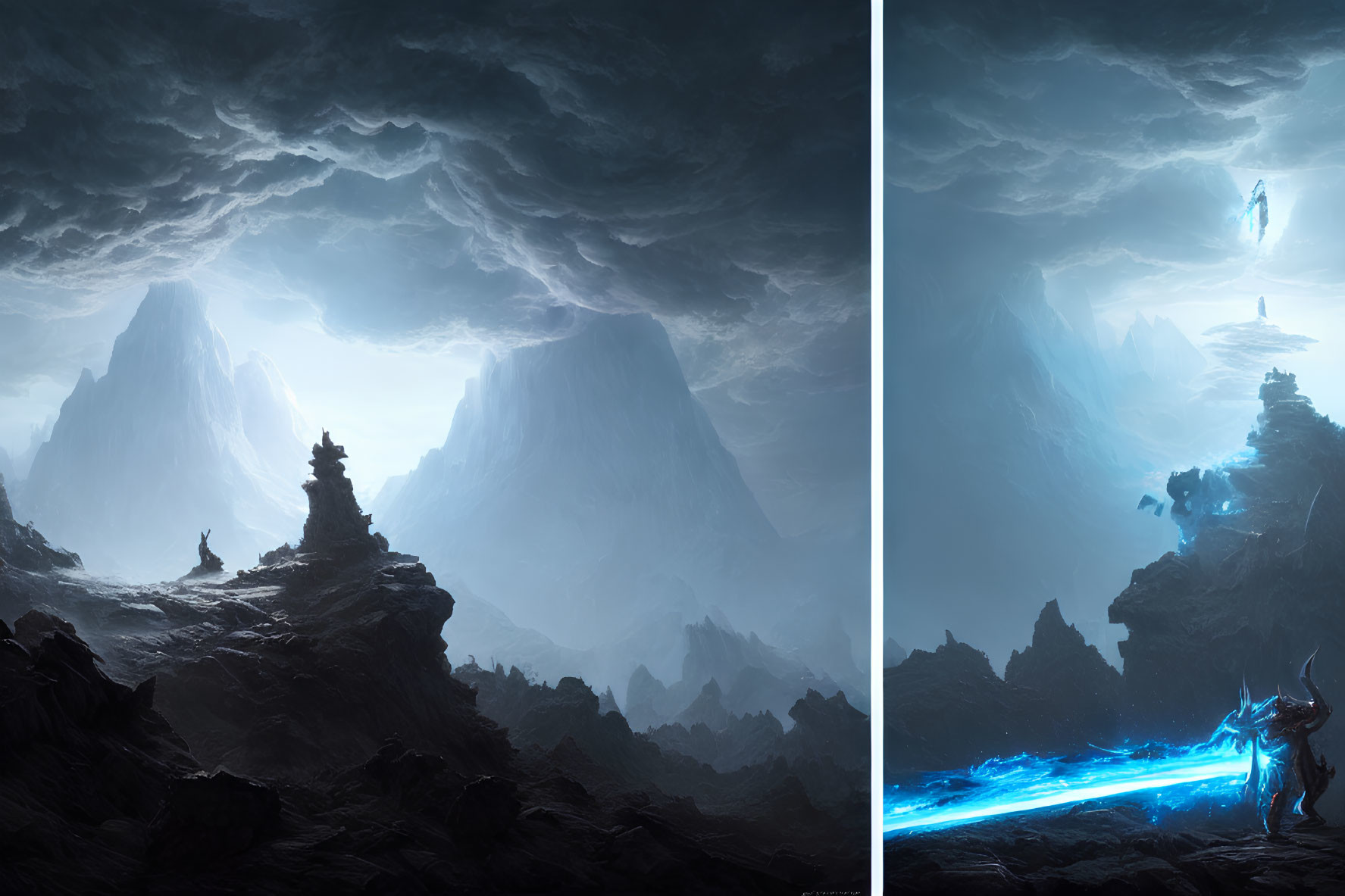 Split Scene: Towering Mountains, Gloomy Sky, Ethereal Blue Figures with Glowing Weapons