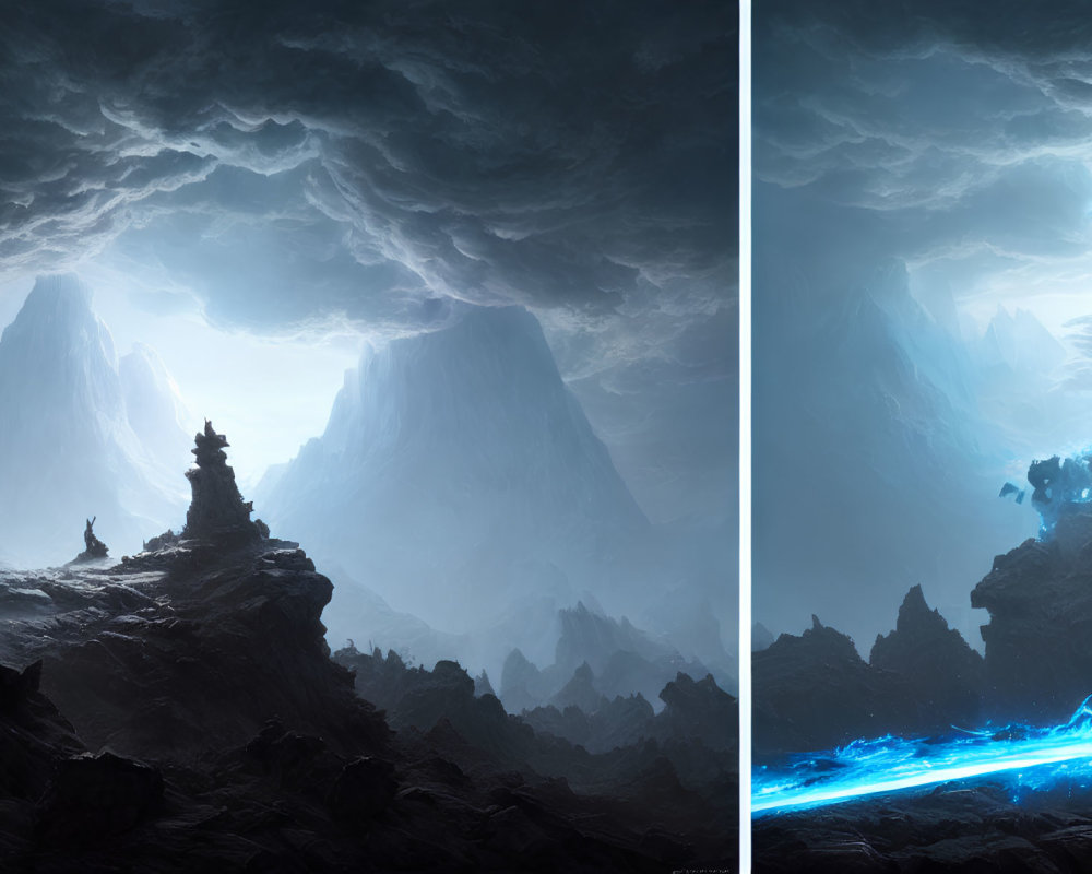 Split Scene: Towering Mountains, Gloomy Sky, Ethereal Blue Figures with Glowing Weapons