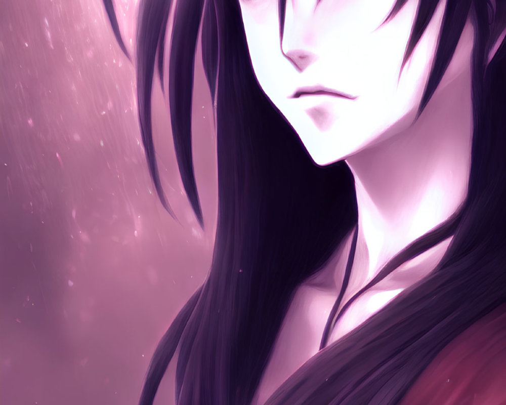 Person with Long Black Hair and Red Eyes on Cosmic Pink Background