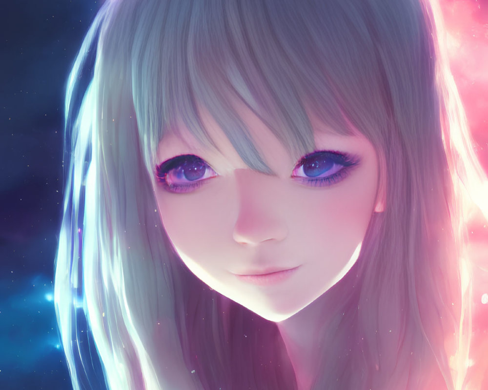 Anime-style girl with luminous blue eyes and cosmic light hair.