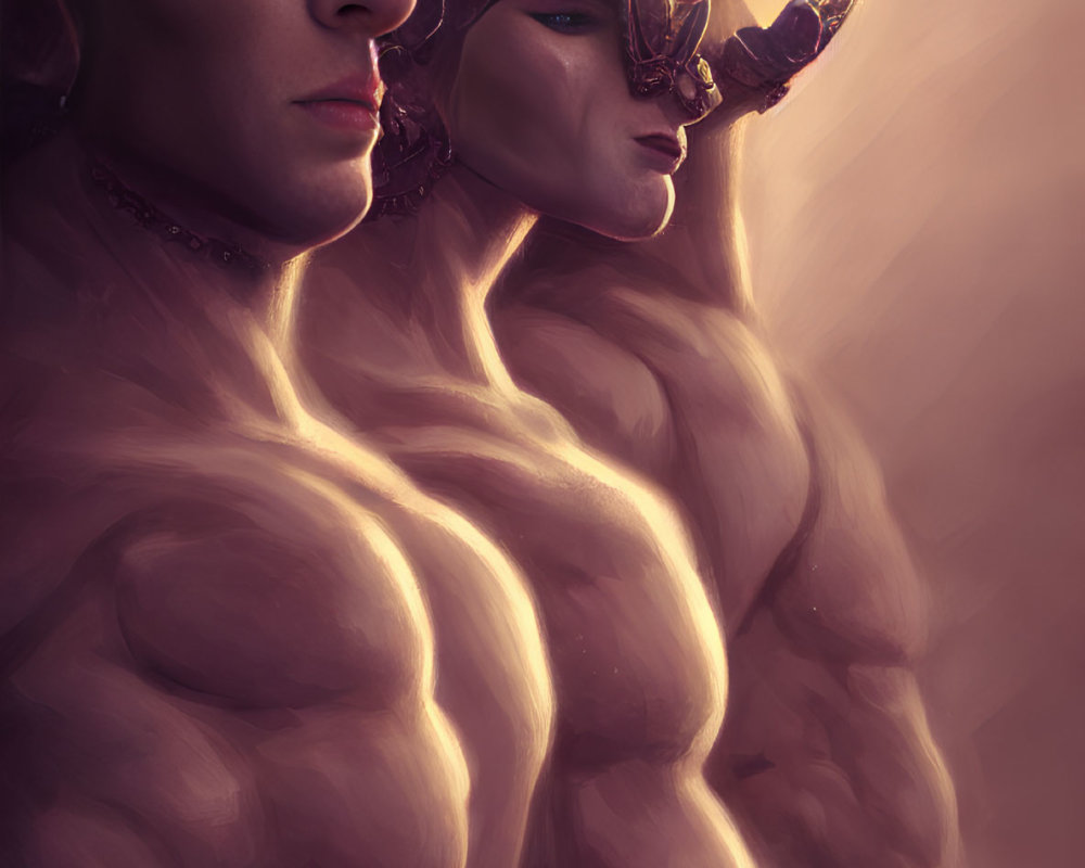 Digital painting of male figures in ornate purple headpieces, with contemplative expressions