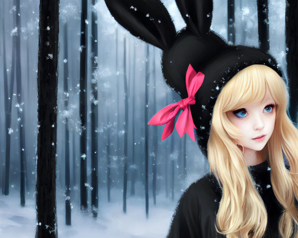 Blonde girl in rabbit hat in snowy forest